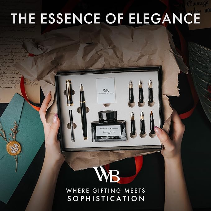 Wordsworth & Black Calligraphy Pen Gift Set, Includes Bottle, 6 Cartridges, Refill Converter, 6 Replacement Nibs, Premium Package, Journaling, Smooth Writing Pens [Black Gold]