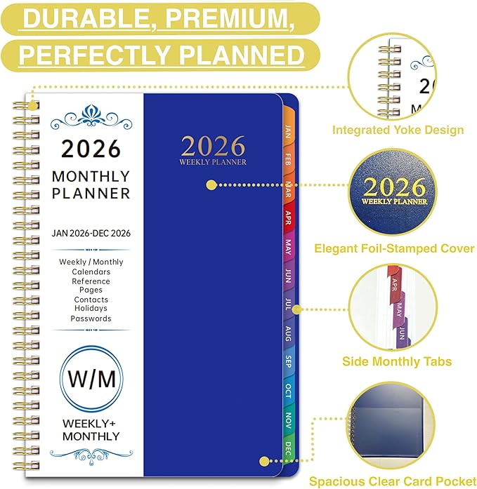 2026 WeeklyMonthlyand Yearly Planning Calendar with 8 Stickers, 6" x 8.25" Planner, Softcover, Spiral Bound, Laminated Labels, Laurel Series(Blue)