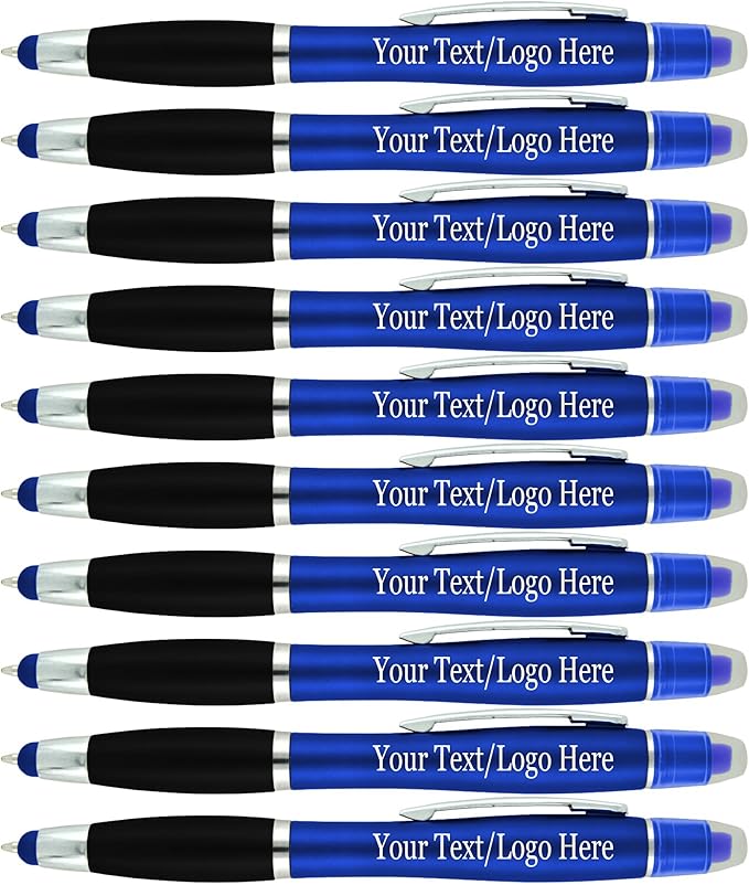 Personalized Pens with Gel Highlighter and Stylus -200 Pack Bulk-Free Imprint - 3 In Bible Highlighter No Bleed, Ballpoint Pen, and Stylus Combo- add Custom Name, Logo or Gift Message- Blue