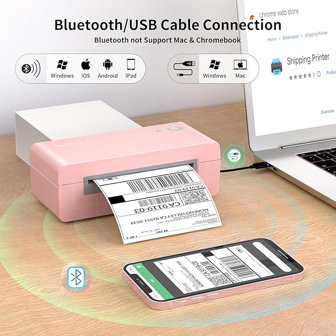 Bluetooth Thermal Shipping Label Printer, 4X6 Inkless Label Machine for iOS, Android, Laptop, Wireless Printer for Small Business, Compatible with Amazon, UPS, Shopify, Pink