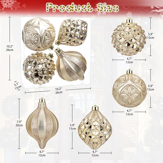 Hollyone 4.7 Inch Large Champagne Gold Christmas Ornaments 4Pcs Shatterproof Christmas Hanging Tree Balls for Xmas Tree Decor with Hook for Wedding Holiday Party Wreath Home Decor (Champagne, 120mm)