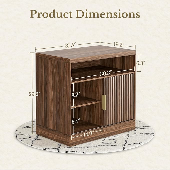 Fluted File Cabinet with Door, 32'' Lateral File Cabinet with Open Adjustable Shelves, Wood Filing Cabinet with Sliding Door for Home Office, Black Walnut