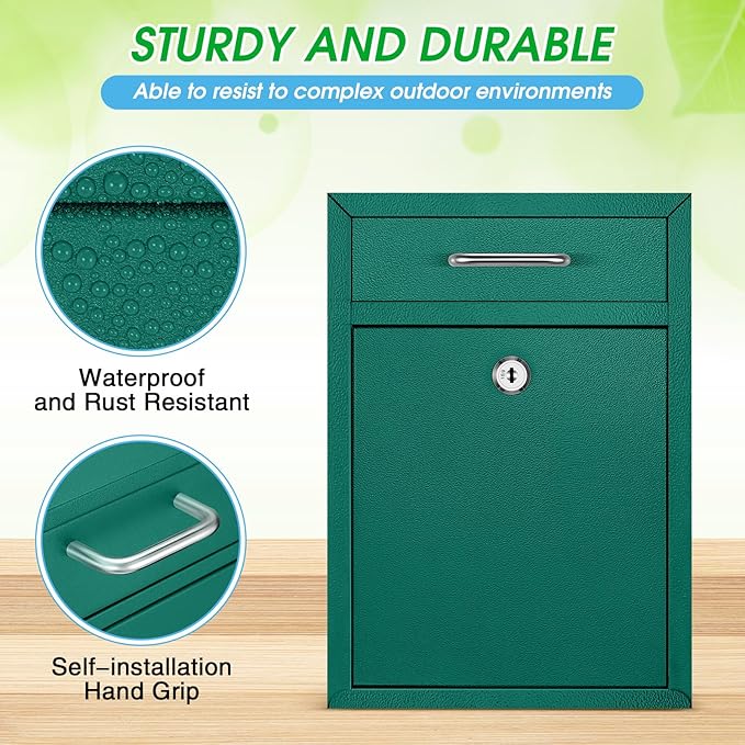 Locking Mailbox with Key for Outdoor 12.2 x 8.5 x 3 Inches Large Wall Mount Mail Box with Lock Security Mail Drop Metal Collection Boxes Hanging Secure Postbox(Green)