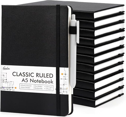 feela 12 Pack Notebooks Journals Bulk with 12 Black Pens, A5 Hardcover Notebook Classic Ruled Journal Set with Pen Holder for School Business Work Travel Writing, 120 GSM, 5.1”x8.3”, Black