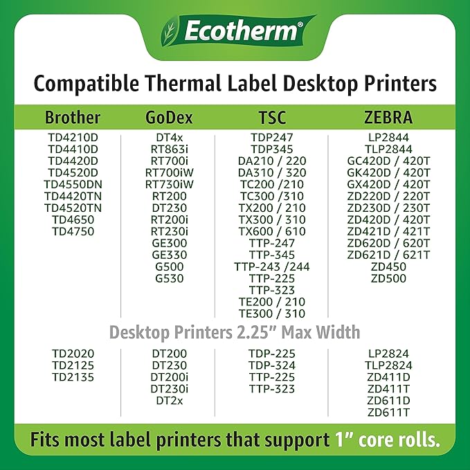 3" x 2" Thermal Labels | 6 Rolls | 7440 Labels | fits Zebra, Munbyn, Rollo, Godex, Arkscan, iDPRT, Offnova Thermal Label Printers and More | Blank White Adhesive Stickers by Ecotherm