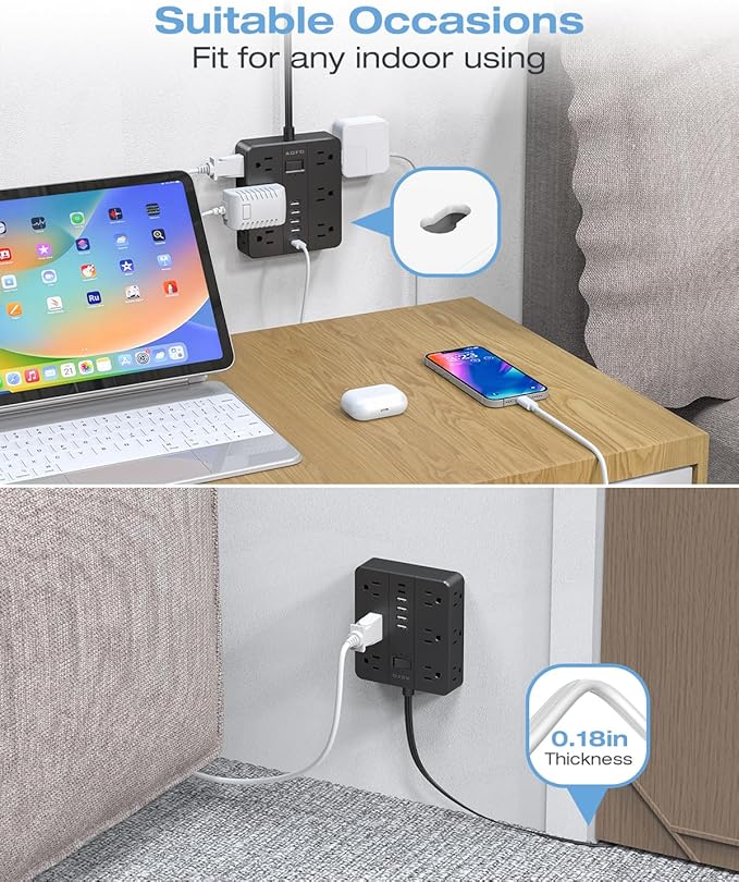 Flat Plug Power Strip, AOFO 5 Ft Extension Cord with 12 Outlets & 6 USB Ports (4 USB-A, 2 USB-C), Surge Protector, Ideal for Home, Office, Dorm, Large Spaces, Reliable and Safe, Black