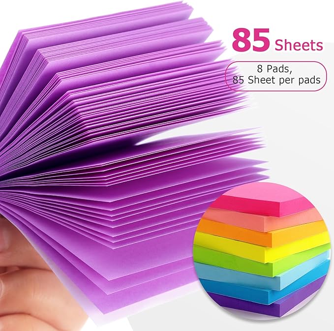 Eastern Wolf 8 Pads Sticky Notes 3x3 Self-Stick Notes 8 Bright Multi Colors Purple Sticky Notes, 85 Sheet/Pad