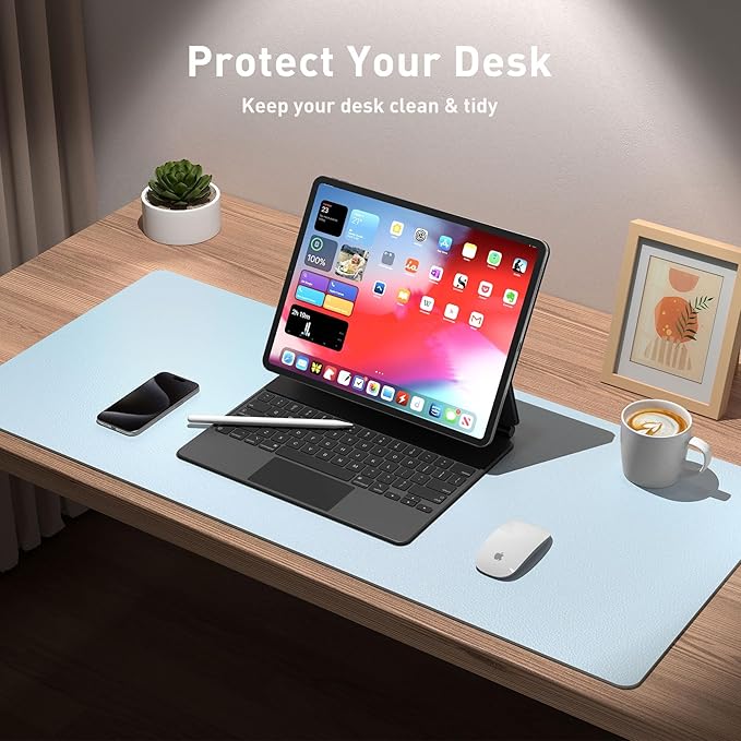 Aothia Leather Desk Pad Protector, Mouse Pad, Office Desk Mat, Non-Slip PU Leather Desk Blotter, Laptop Desk Pad, Waterproof Desk Writing Pad for Office and Home (23.6" x 13.7", Baby Blue)