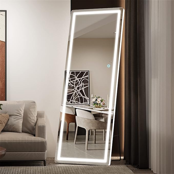Hasipu Full Length Mirror with Lights, 65" x 22" LED Floor Mirror, Full Body Dressing Standing, Hanging Mounted Mirror for Living Room Bedroom Cloakroom, Round White