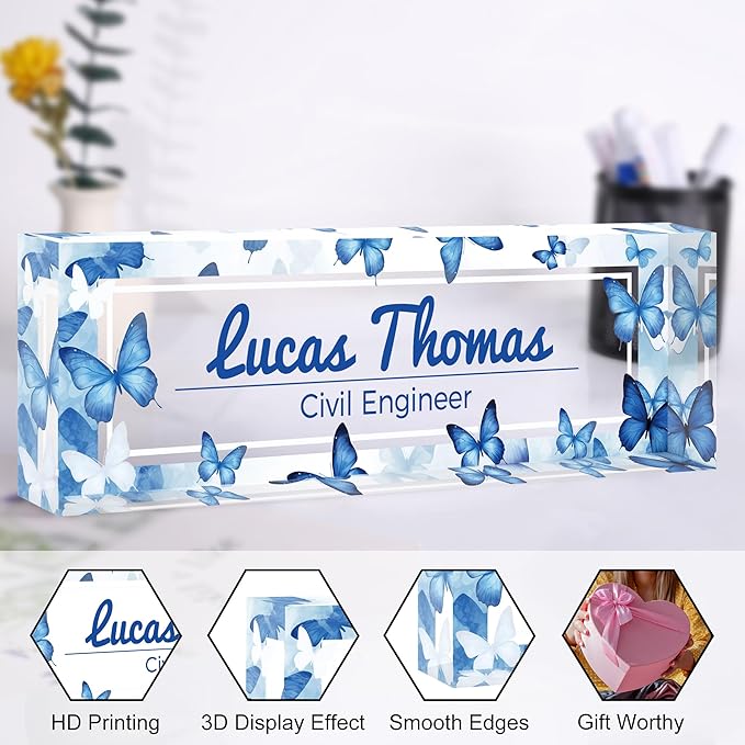 Custom Name Plate for Desk, Personalized Acrylic Office Name Sign with Name & Title, Elegant Desk Decor for Women Men, Employee Appreciation Gift (Blue Butterfly)