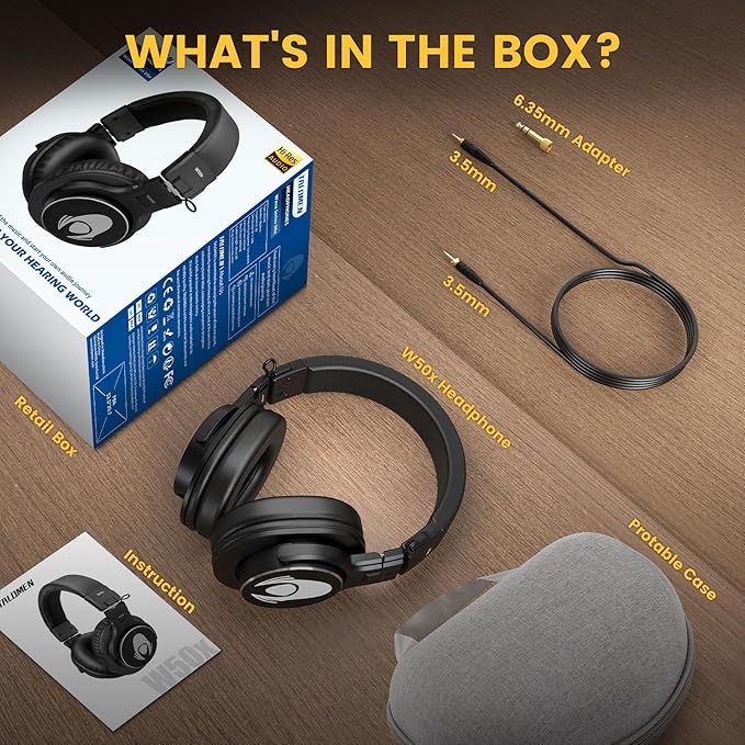 Wired Over Ear Headphones Studio Monitor Podcast Closed Back Headsets with 50mm Neodymium Drivers and 1/4 to 3.5mm Jack for AMP Computer Recording Mixing DJ Guitar Keyboard Laptop - Black