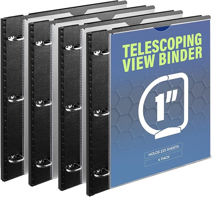 WOT I 1 Inch Telescoping 3 Ring Binder 4 Pack, Expandable Flexible Binder with Customizable Front Cover & Clear Catalog Pocket, Holds 225 Sheets, School Office Supplies, Black