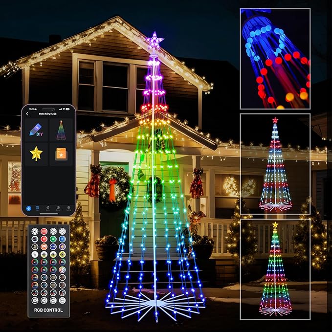 9FT Smart Christmas Tree Lights with Ball Ornaments, App & Remote Control, 316 RGB Color Changing LED Cone Tree Lights, Music Sync, Custom Light Show, Waterproof Decoration for Xmas, New Year, Parties