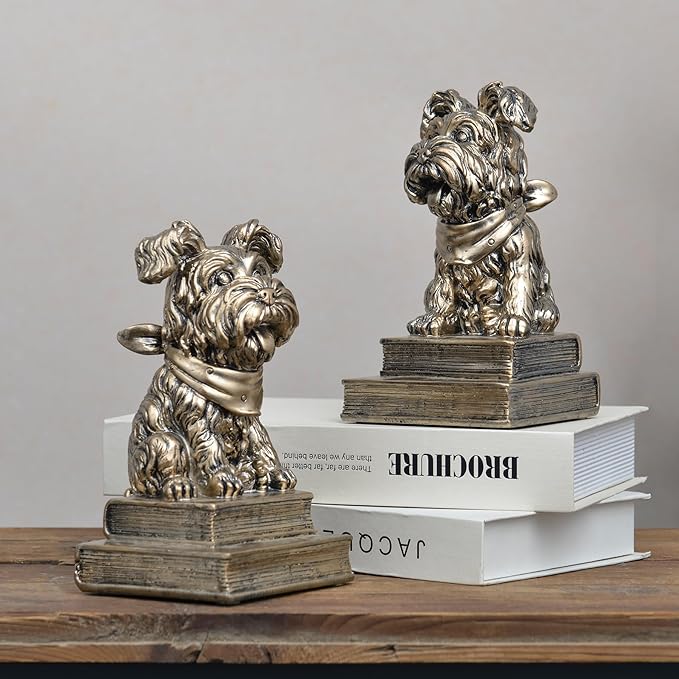 Vintage Antique Gold Dog Bookends,Decorative Book Ends for Shelves,Creative Resin Schnauzer Statues Book Holders for Desk Home Office Bookshelf Decoration,Gifts for Dog Enthusiasts