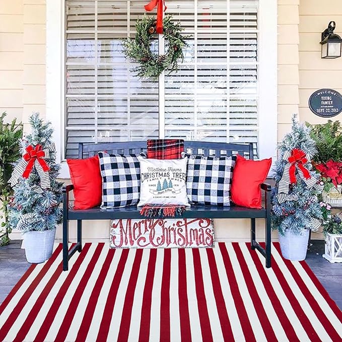 Christmas Outdoor mat Red and White Striped Outdoor Rug Front Porch Rug,Christmas Home Decor, Layerd Welcome Doormat for Front Porch Decor, Front Door, Farmhouse Decor (Red and White, 4' x 6')