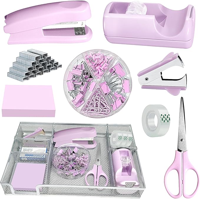 Purple Office Desk Accessories,Purple Office Supplies Set,Stapler and Tape Dispenser Set,Tape,Staple Remover, Staples,Paper Clips,Scissor,Sticky Note and Desk Drawer Organizer
