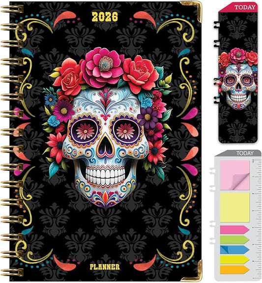 HARDCOVER 2026 Planner, 5.5"x8": 14 Months (November 2025 - December 2026), Daily Weekly Monthly Planner, Yearly Agenda, Bookmark, Pocket Folder and Sticky Note Set (Sugar Skull)