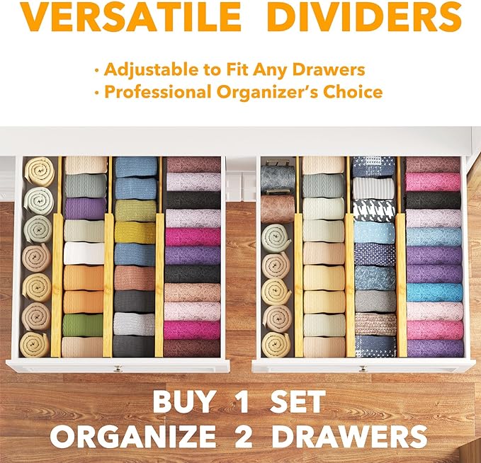 SpaceAid Bamboo Dresser Drawer Dividers 6 Pack, 4.65“ High Adjustable 12.5“-17” Drawer Organizers, Expandable Organization for Clothing, Clothes, Dressers, Natural