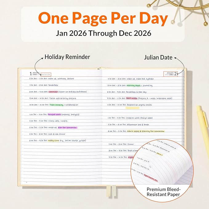 SUNEE 2026 Diary Journal Hardcover - Daily Planner Organizer for Work & School - Daily Page Layout with Holidays, Notes, Contacts - Agenda for Women & Men, Beige