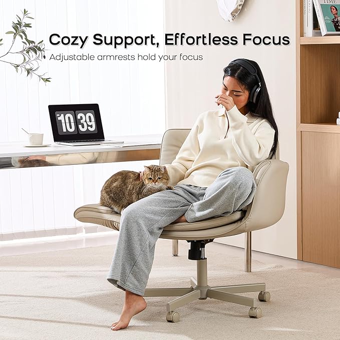 Criss Cross Chair with Armrests & Wheels, PU Leather Vanity Chair, Comfortable Adjustable Swivel Computer Office Desk Chairs for Home, Make Up, Bed Room (Cream White)