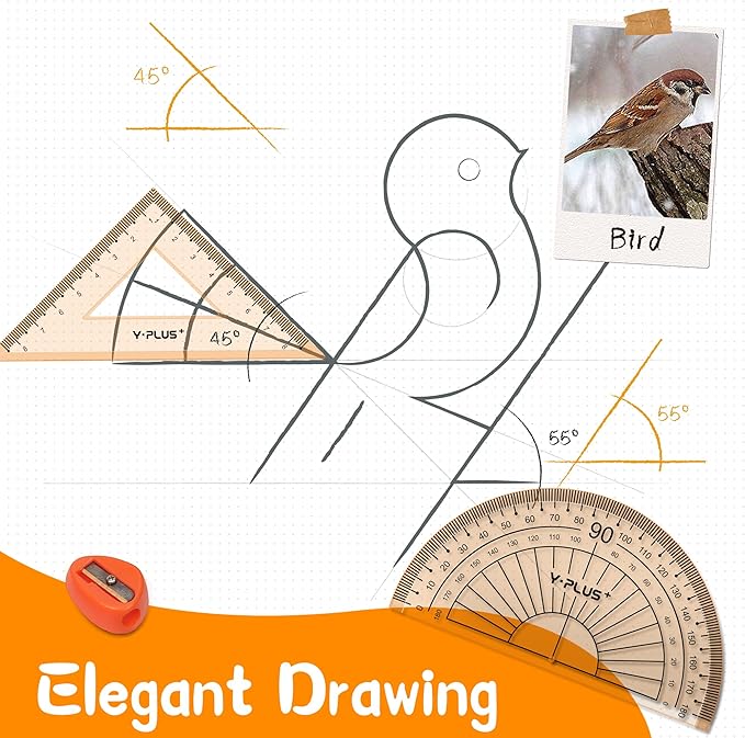 YPLUS Geometry Set for Students, Math Protractor Compass, Box of Protactors Kit for Class Supplies and School Kids Toddler - 11 Pcs