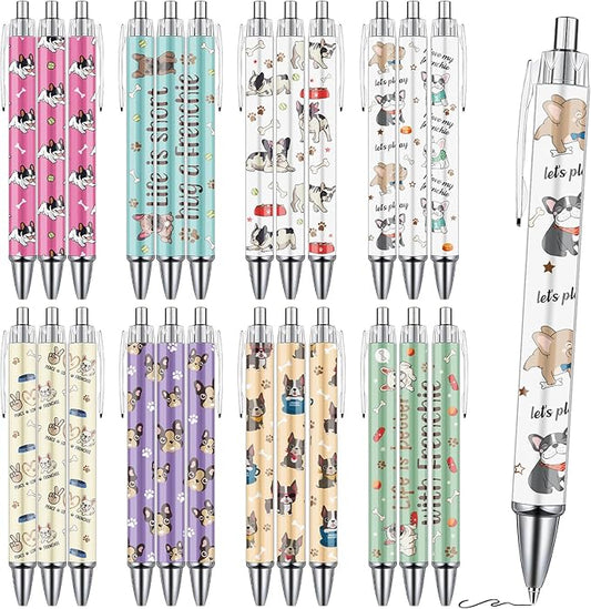French Bulldog Ballpoint Pens - 24Pcs Cartoon Dog Pen Set Frenchie Animal Retractable Smooth Writing Ballpoint Pen Gift for Women Men Dog Lovers Teen Office Teacher Students Party Supplies