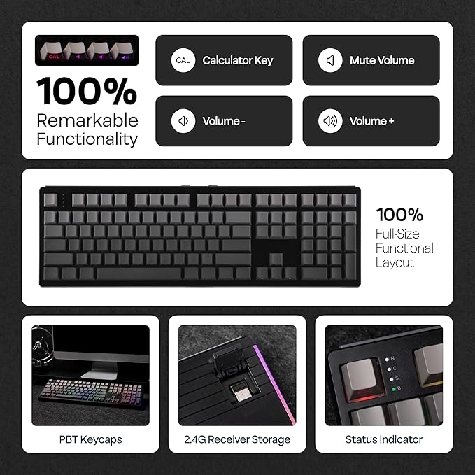 EPOMAKER TH108 Full Size Mechanical Keyboard, Wireless Gaming Keyboard, 8000mAh Battery, Creamy Gasket, 108 Keys, Hot Swap, Custom Driver, RGB Backlights (Black, Sea Salt Silent Switch)