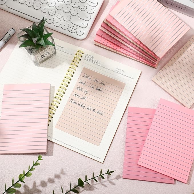 12 Pads Pink Boho Sticky Notes 4x6 with Line, Lined Self Stick Notes Pads Boho Office Supplies, Vintage Aesthetic School Accessories 50 Sheets/pad