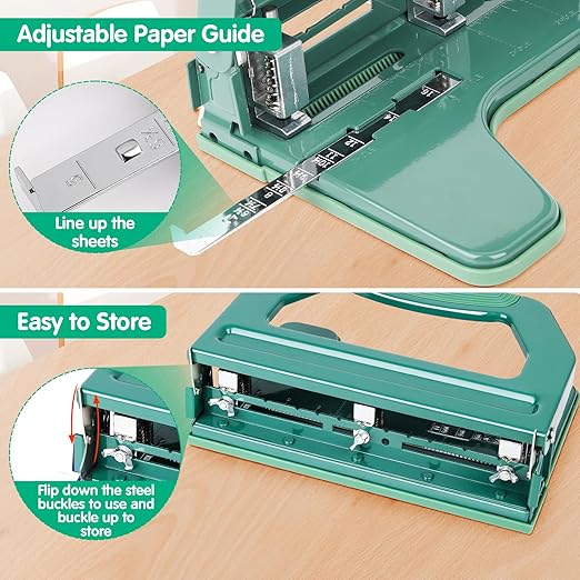 AFMAT Heavy Duty 3 Hole Punch, 50-Sheet, 50% Reduced Effort, Adjustable Two & Three Hole Punch, Metal Paper Puncher w/Large Chip Tray, Metal Paper Guide, Green