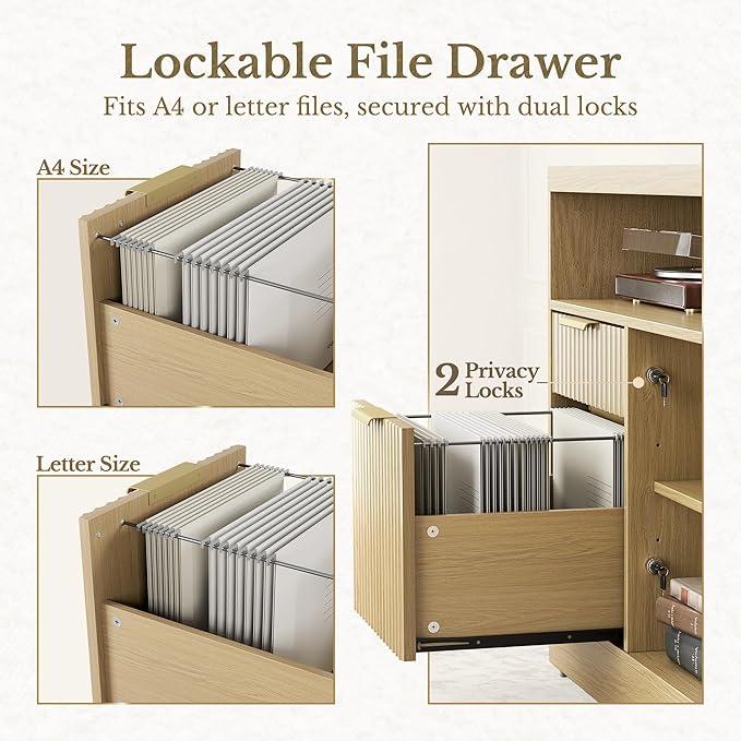 4 Drawer File Cabinet, Fluted Wood Lateral Filing Cabinet with Lock and Charging Station for Home Office, Printer Stand with Open Storage Shelves, Fits A4, Letter Size, Light Waulnut