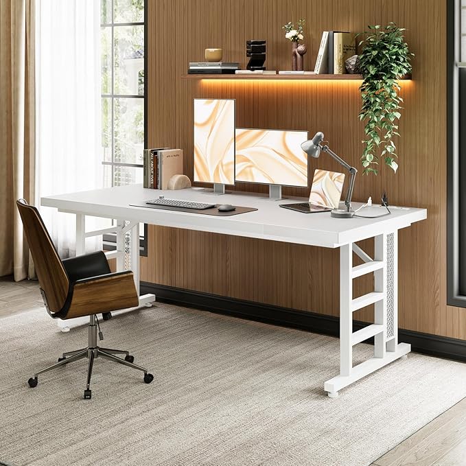 Coleshome 71 Inch Executive Desk with USB Ports, Large Computer Desk with Extra Thick, Long Mordern Office Workstation, Business Furniture for Home Office, White