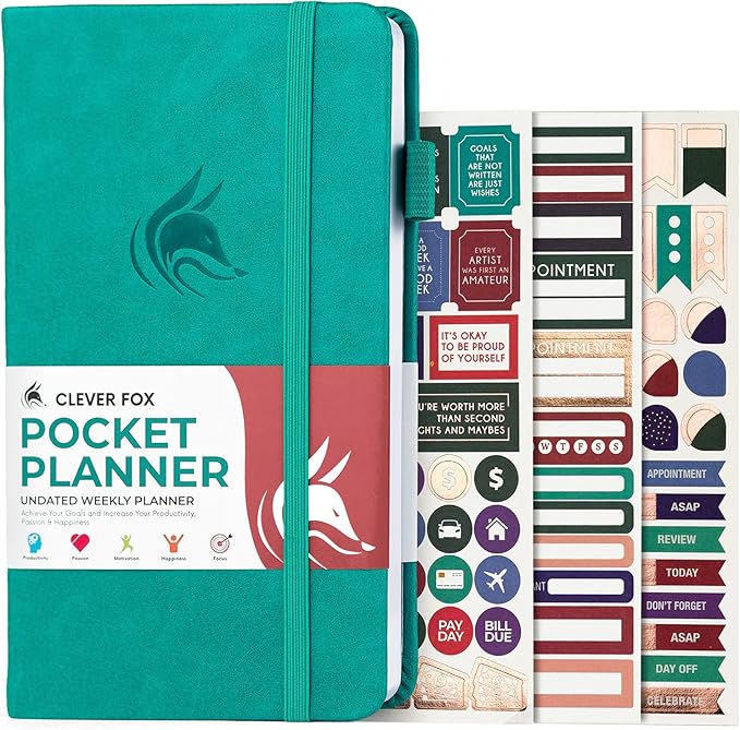 Clever Fox Pocket Planner Weekly – Undated Monthly Goal Planner and Calendar, Mini Planner Perfect for Purse, 3.7x6.7" (Turquoise)