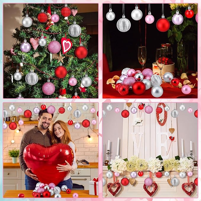 64 Pcs Christmas Ball Ornaments Pink Red and Silver Christmas Ornaments Glitter Valentine's Day Ball Ornament Assorted Size Xmas Ornament Valentines Decoration for Tree Home, 1.6/1.97/2.4 Inch