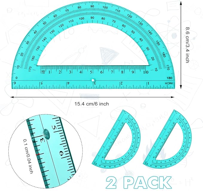 Zonon 2 Pcs 6 Inch Plastic Protractor Math Protractors 180 Degrees Angle Measurement, Translucent for Geometry Classroom Kid Student School Office Supplies(Turquoise)