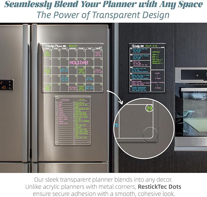 Clear Non-Magnetic Calendar Set for Fridge - Dry Erase Transparent Monthly, Weekly Calendar and List Board - Sticks to Wall, Glass, Door, Any Smooth Surfaces
