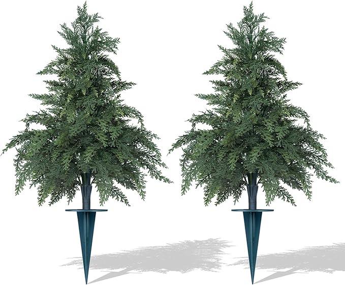 Artificial 26" Cypress Topiary Cedar Trees with Ground Spike, 2 Pieces Fake Pine Shrubs Bushes, UV Resistant Faux Evergreen Tree Plants for Indoor Outdoor Planters Front Porch Christmas