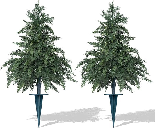 Artificial 26" Cypress Topiary Cedar Trees with Ground Spike, 2 Pieces Fake Pine Shrubs Bushes, UV Resistant Faux Evergreen Tree Plants for Indoor Outdoor Planters Front Porch Christmas