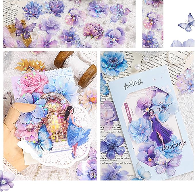 Doraking 60 Pieces Glitter Shiny Flower Stickers for Journaling, Waterproof Decorative Decal for Scrapbooking Supplies Journal Planners Art Crafts Photo Album Decor (Blue)