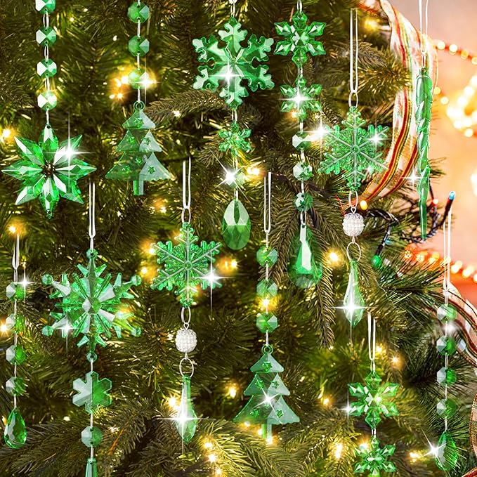 Lanpn 22pcs Christmas Ornaments Crystal Christmas Tree Decoration, Hanging Clear Acrylic Snowflake Icicle Drop Crystal Pendants for Xmas Tree Winter New Year Outdoor Indoor Party Decoration (Green)