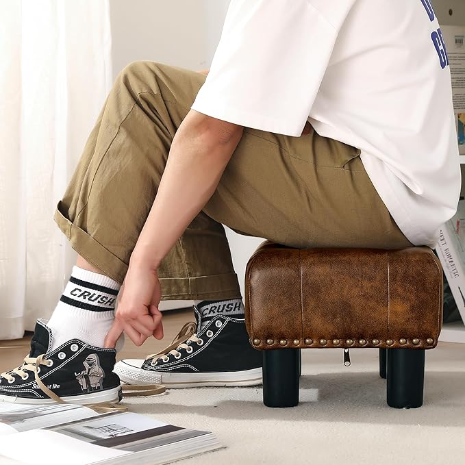 LUE BONA Small Tufted Foot Stool, Yellowish Brown Rivet Faux Leather Footrest with Plastic Legs, 9''H, Rectangle Foot Stools for Adult with Non-Slip Pads, Sofa Footstool for Living Room, Couch