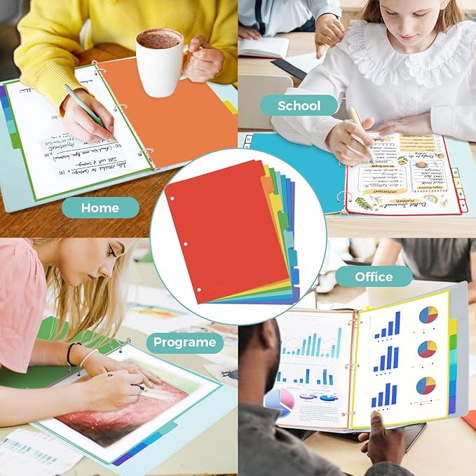 SUNEE 8 Tab Binder Dividers,Plastic Dividers for 3 Ring Binder,3 Ring Binder Dividers with Tabs for School Office Home Supplies,Bright Color, 5 Set