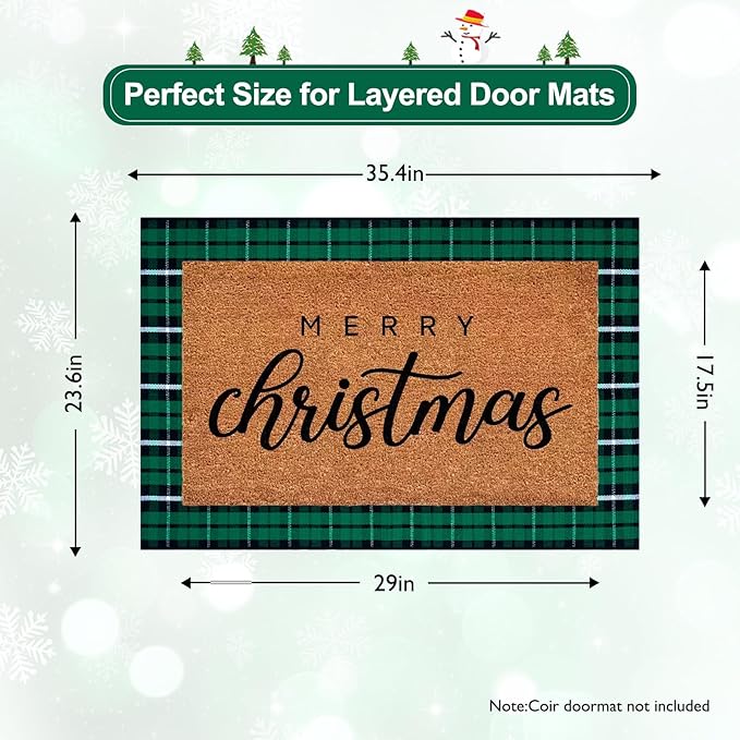 KIMODE Christmas Buffalo Plaid Front Door Mat, 24"x36" Cotton Woven Black and Green Checkered Outdoor Rug, Farmhouse Washable Doormat Outside Entrance for Porch Entryway Kitchen