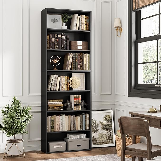FACBOTALL 82" Tall Bookshelf, 7-Tier Open Shelves Bookcase, Freestanding Display Storage Shelves, Tall Bookcase Home Decor Furniture for Home Office, Living Room, Bedroom, Black