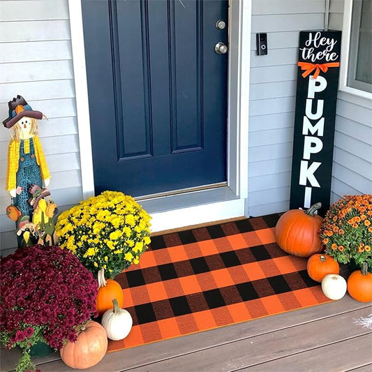KIMODE Fall Outdoor Rug Buffalo Plaid Orange and Black 24"x51",Washable Cotton Fall Halloween Door Mat,Reversible Checkered Layering Rugs for Entryway,Halloween Front Porch Decor