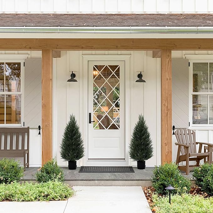 2Pack 3ft Outdoor Artificial Cedar Topiary Trees, All-Weather Faux Pine for Home Porch Entryway Decor