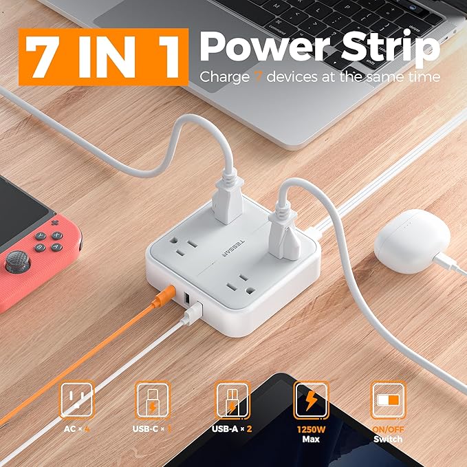 Surge Protector Power Strip, TESSAN Ring Pull Flat Plug Extension Cord 10 Ft with 3 USB (1 USB C) 4 Outlets, 900 Joules Protection, Desktop Charging Station for Home, Office, College, Dorm Room, Gray