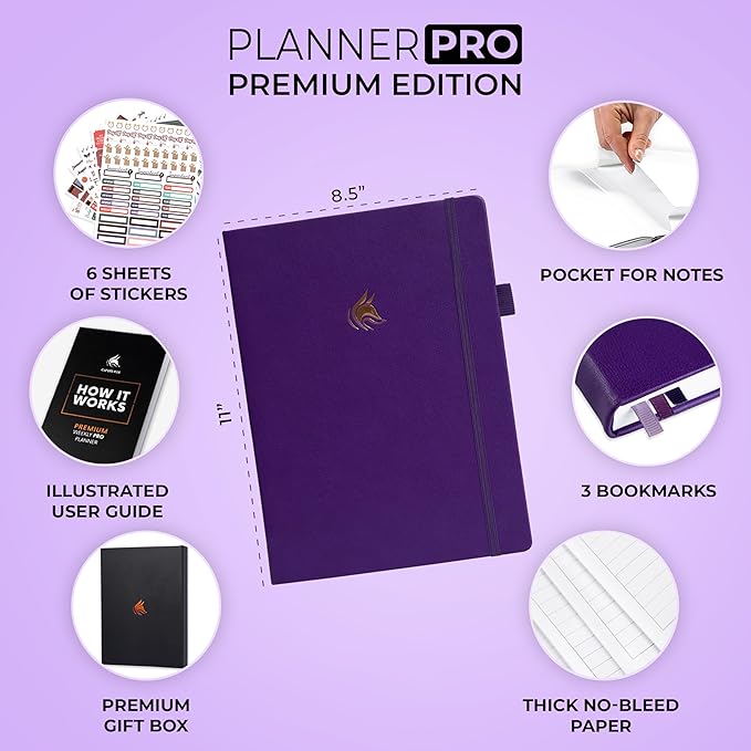 Clever Fox Planner Pro Premium – Luxurious Weekly & Monthly Planner with Budget Organizer for Productivity & Goals, Undated, A4 (Purple)