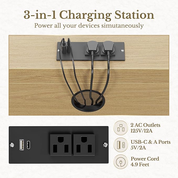 4 Drawer File Cabinet, Fluted Wood Lateral Filing Cabinet with Lock and Charging Station for Home Office, Printer Stand with Open Storage Shelves, Fits A4, Letter Size, Light Waulnut