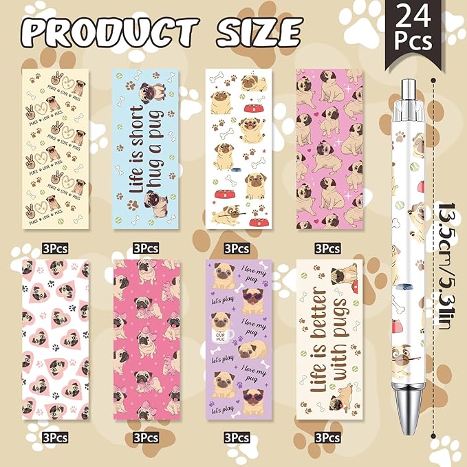 Pug Dog Ballpoint Pens Gifts 24 Pcs Cartoon Puppy Pen Set Animal Retractable Smooth Writing Ballpoint Pen Gift for Women Men Dog Lovers Teen Office Teacher Students Party Supplies