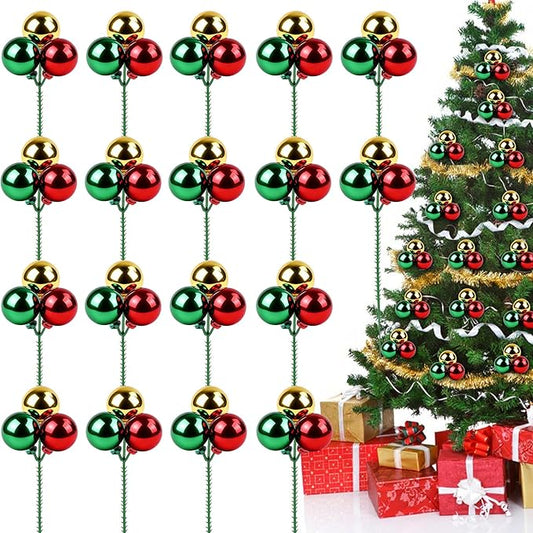 YIYA 18 PCS Christmas Tree Picks Ornaments 3 Color Red Green Gold Xmas Decor on Wired Stems Shatterproof Xmas Ball Picks Branches for Tree Vase Wreath Garland Indoor Outdoor Garden Holiday Party Decor